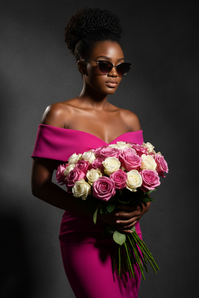 Woman in a pink dress holding a bouquet of flowers against a dark background